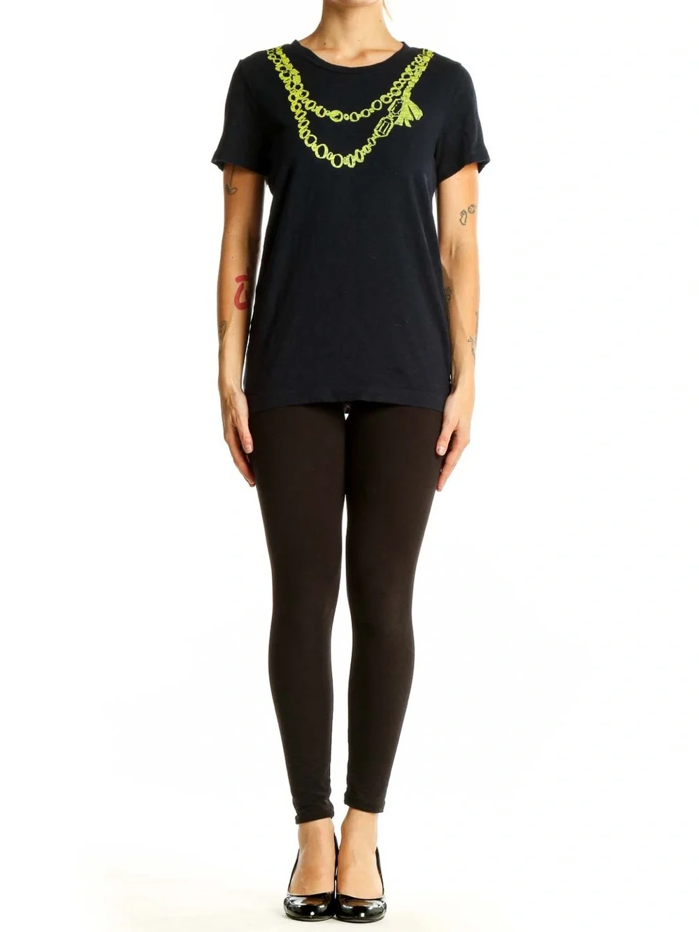 J. Crew Navy Blue Graphic Chain Necklace T-Shirt Size Small | Short Sleeve Tee